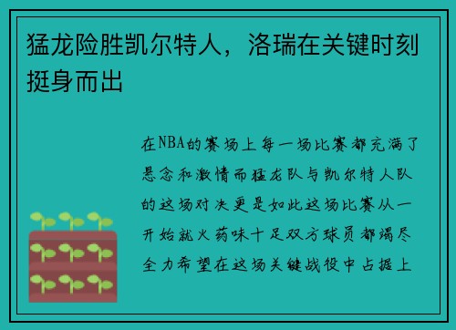 猛龙险胜凯尔特人，洛瑞在关键时刻挺身而出
